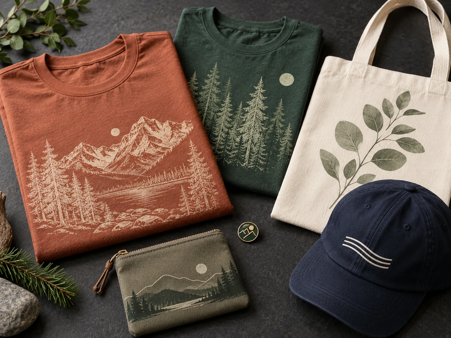 Decorated shirts, a printed tote, cap, and promotional accessories.