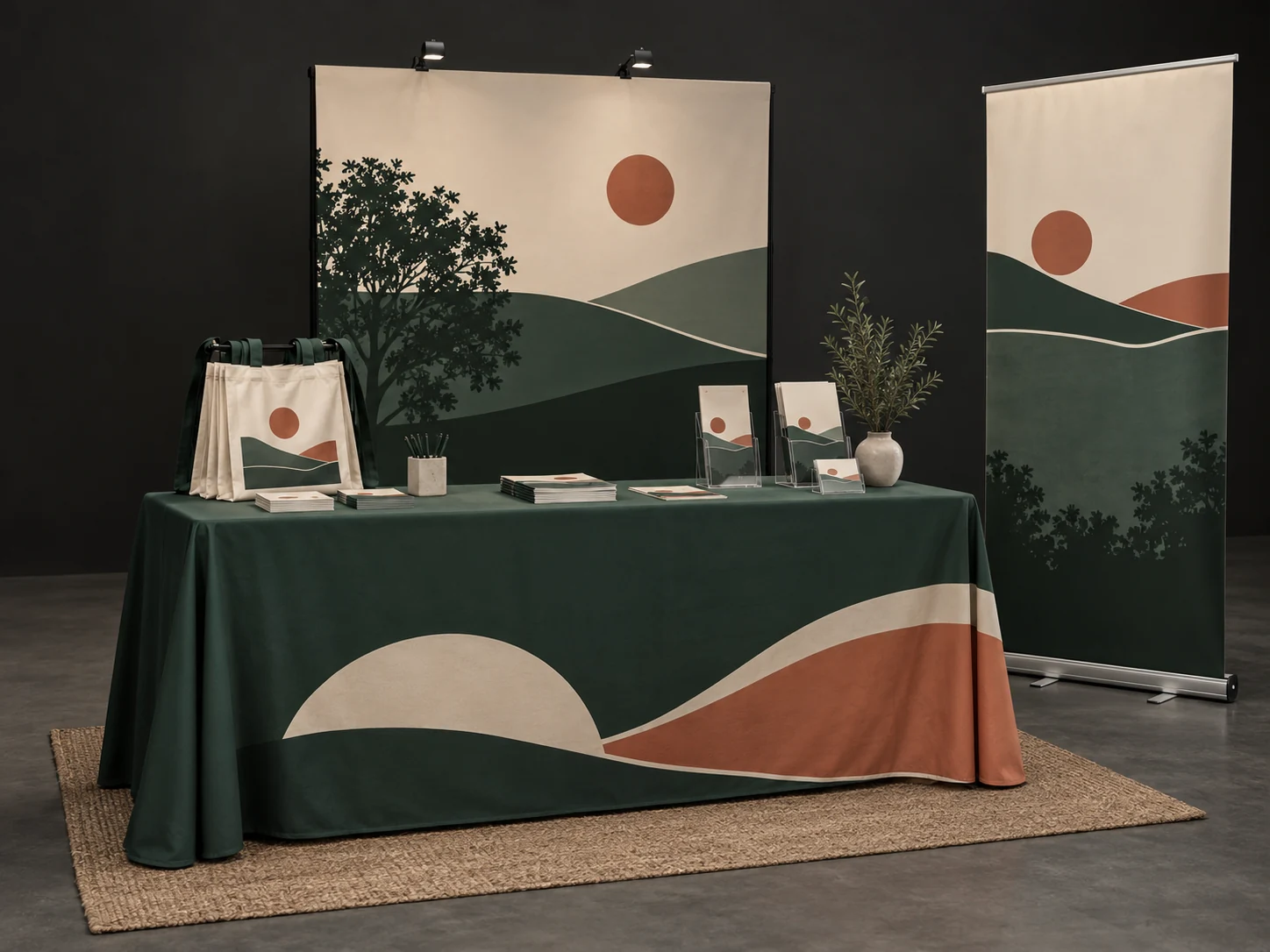 Event display with printed table covering, banners, signage, and promotional materials.