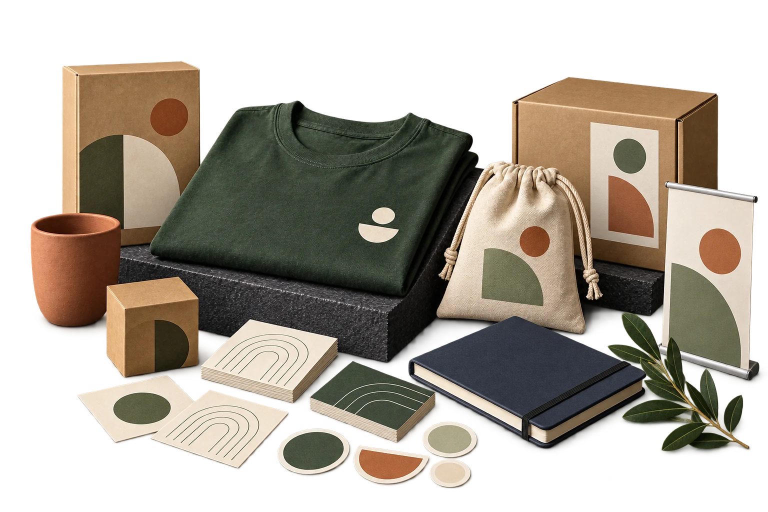 Finished apparel, stickers, printed cards, packaging, labels, and a tabletop banner.