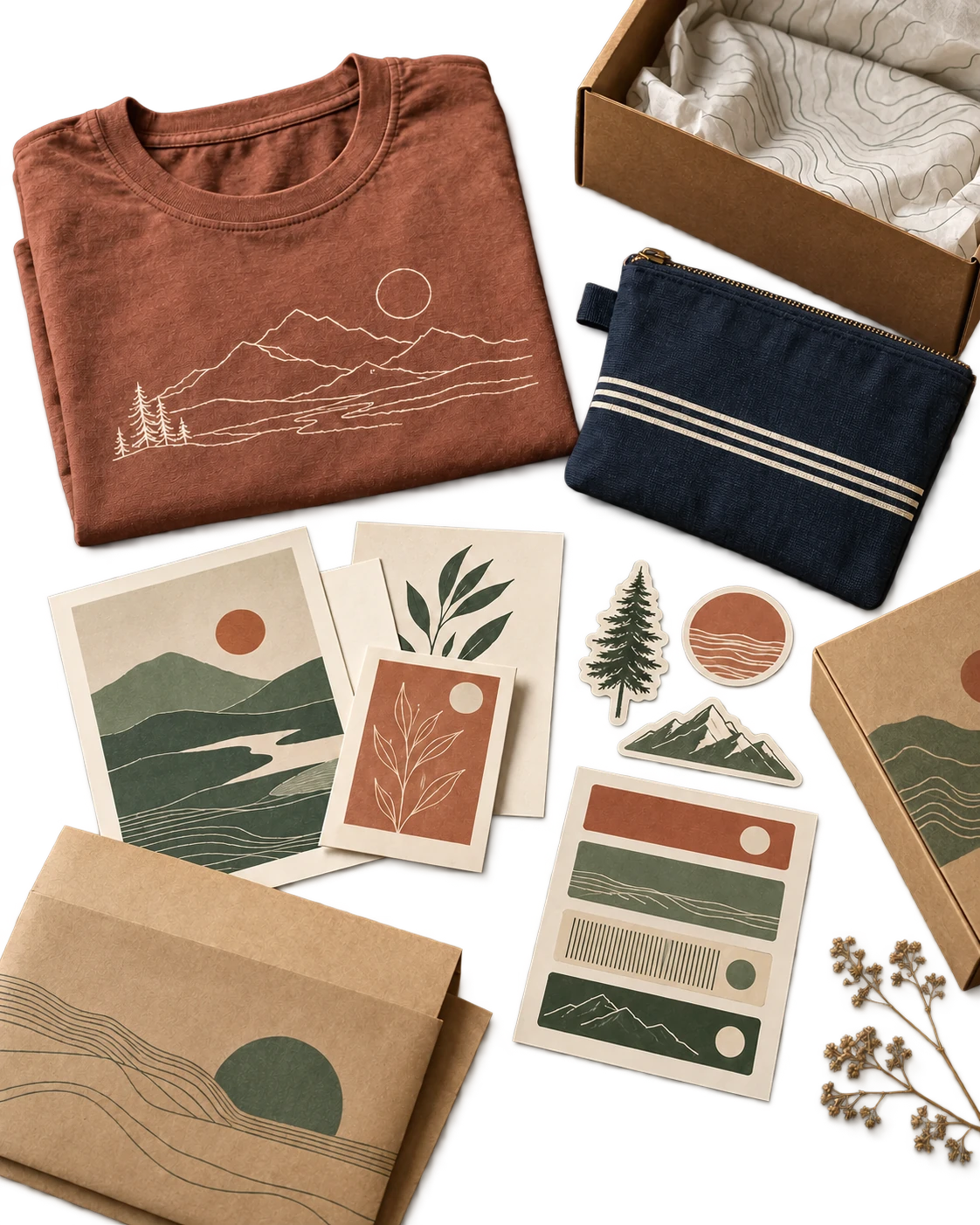 Decorated apparel, printed cards, stickers, labels, and retail packaging.