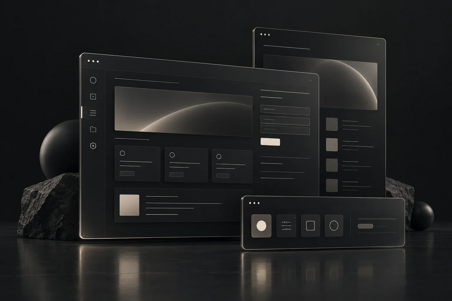 Layered charcoal software interface panels with soft ivory details and subtle reflections.
