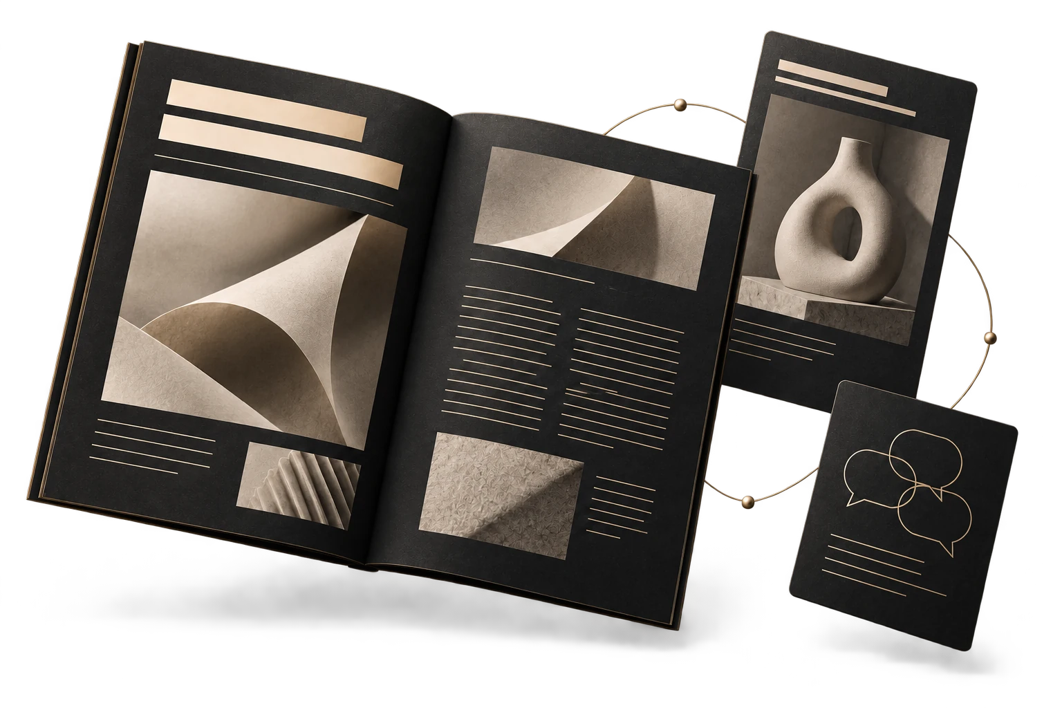 Abstract editorial publication, product discovery, and conversation cards.
